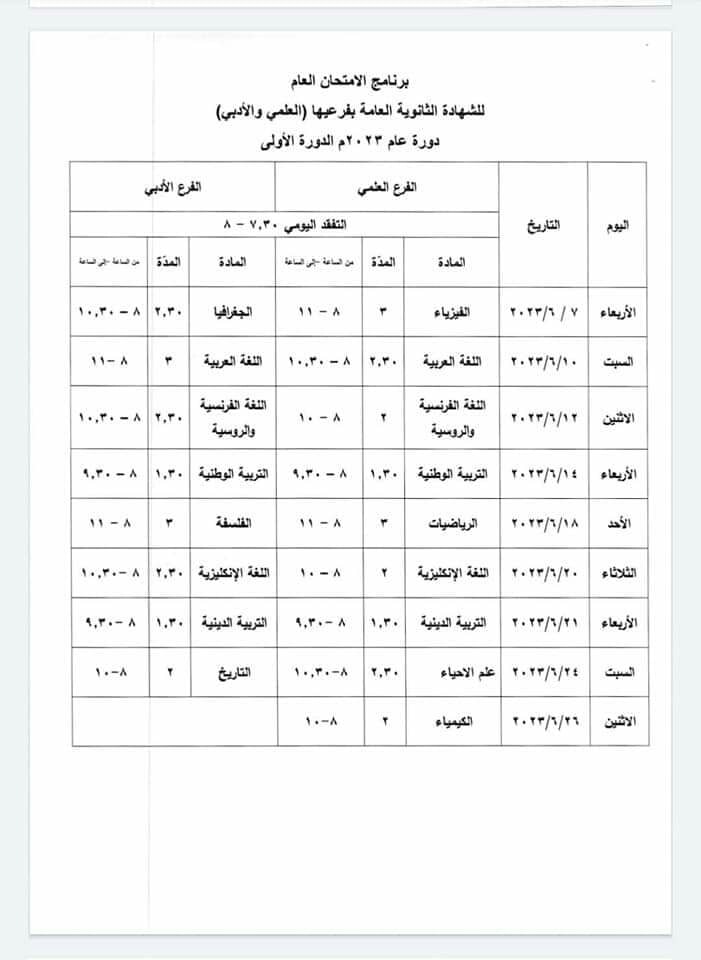 برنامج الثانوية العامة البكالوريا سوريا ٢٠٢٣